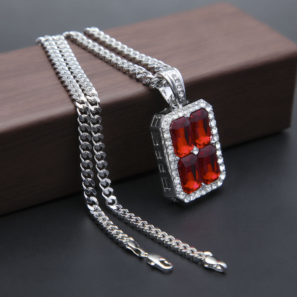 New Blue Red Black Ruby CZ Crystal Pendant Necklace Hip Hop Necklace Gold Plated Cuban Chain Silver Gold Men's Jewelry