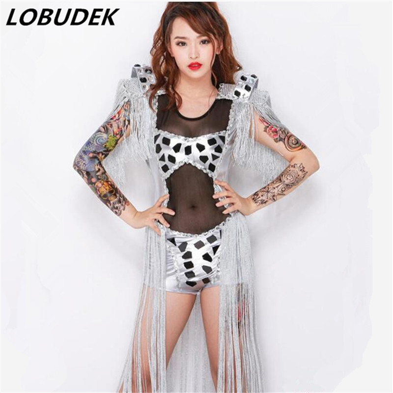 new high-end female DS sexy costumes nightclub bar see-through slim bodysuit silvery tassels jumpsuit lead dance stage wear singer prom show, Silver
new high-end female DS sexy costumes nightclub bar see-through slim bodysuit silvery tassels jumpsuit lead dance stage wear singer prom show, Silver