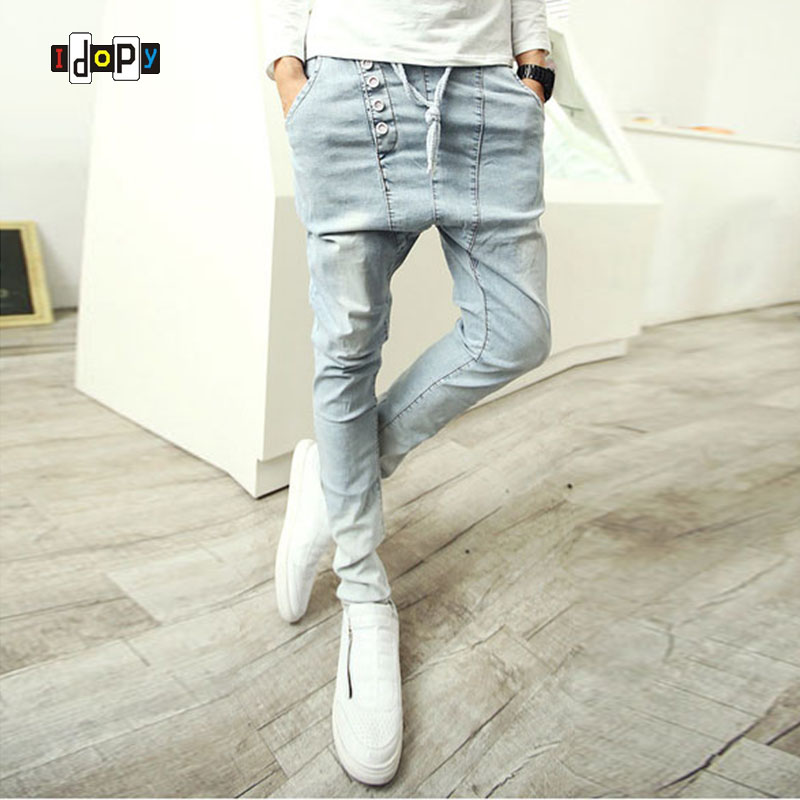 Wholesale- Fashion Men's Harem Pants Hip Hop Baggy Loose Fit Denim Pants Drop Crotch Vintage Washed Retro Trousers For Hipster