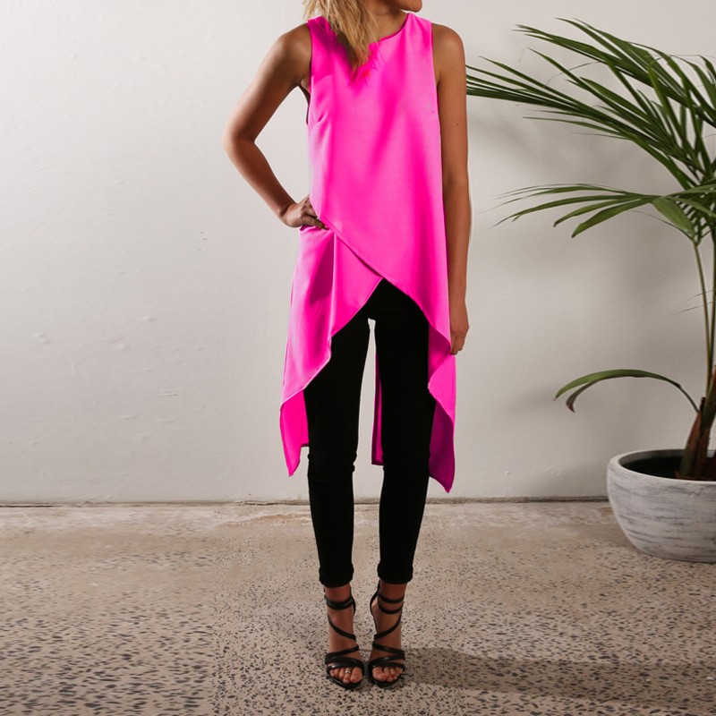 Plus Size Fashion Summer 2017 Women Sleeveless Asymmetric Hem O Neck Long Top Solid Chiffon Style Blouses Blusas Feminin
