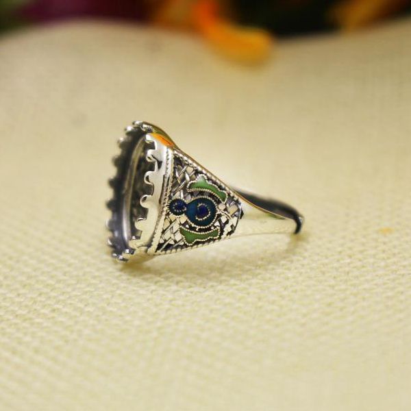Fine Silver Chinoiserie Cloisonne Enamel 13x15mm Oval Cabochon Semi Mount 925 Silver Ring Jewelry Setting