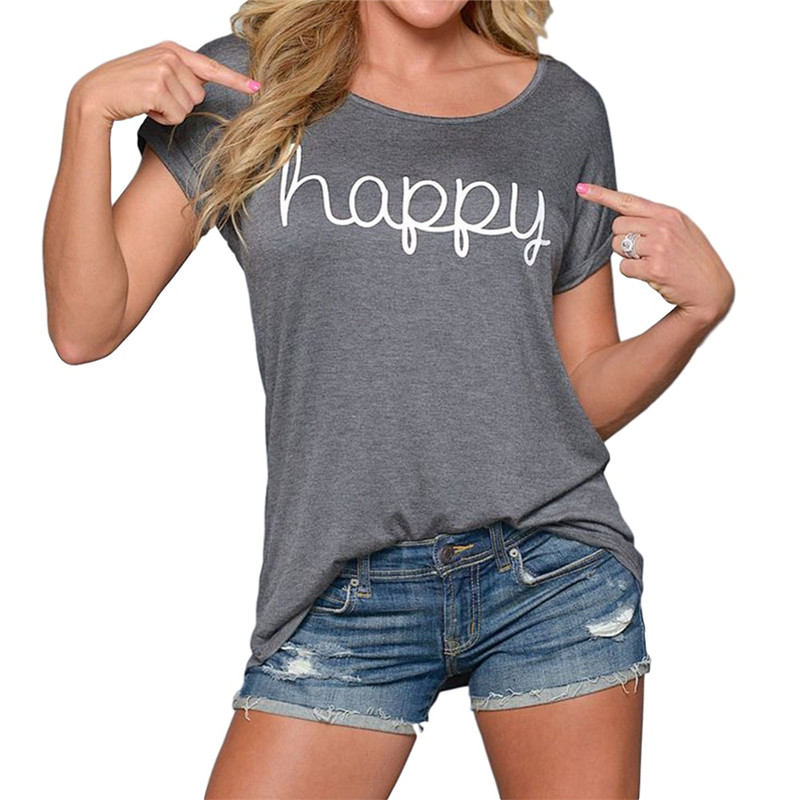 

women's t shirt Happy Letter Printed Summer T Shirt Fashion Short Sleeve Top Tees O Neck Casual T-shirts Camisetas Mujer NV28 RF, White