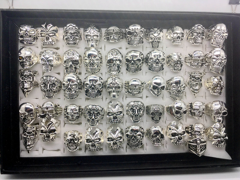 Whole 50pcs lot Gothic Big Skull Ring Bohemian Punk Vintage Antique Silver Mix Style Mens Fashion Jewelry Skeleton Ring Size 2261c