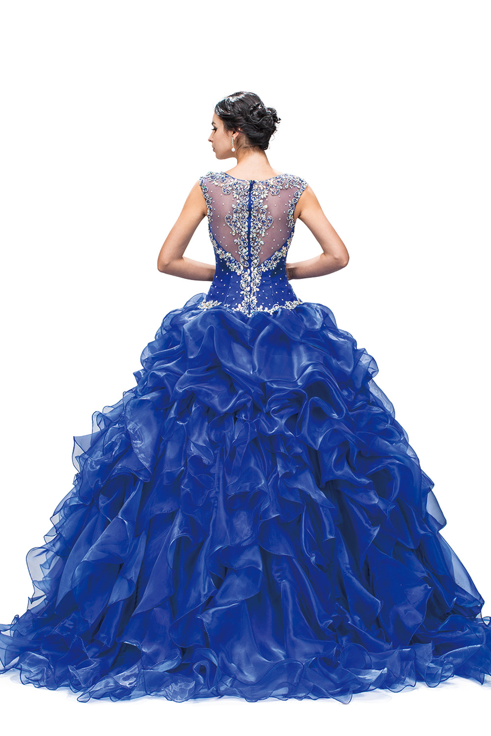 2022 Quinceanera Dresses Royal Blue Ball Gown Organza Ruffled Layered Beaded Crystal Long Sweep Train Party Prom Ball Gowns