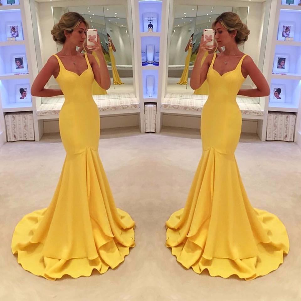 Elastic Satin Mermaid Long Yellow Evening Dress Spaghetti Strap Zipper Up Sweep Train Sexy Prom Party Dresses Vestido De Festa