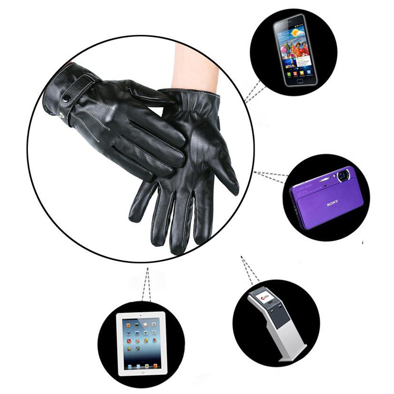 Heavy-Duty Winter Motorcyclist Gloves in Black Leather - Fully Waterproof & Ideal for Mobile Devices Use