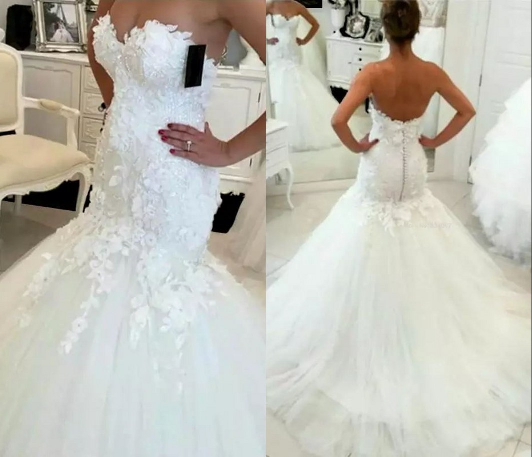 New Open Back Mermaid Wedding Dress Lace 3D Appliques Beaded Sweetheart Bridal Dresses Elegant Wedding Gowns Casamento Button Real