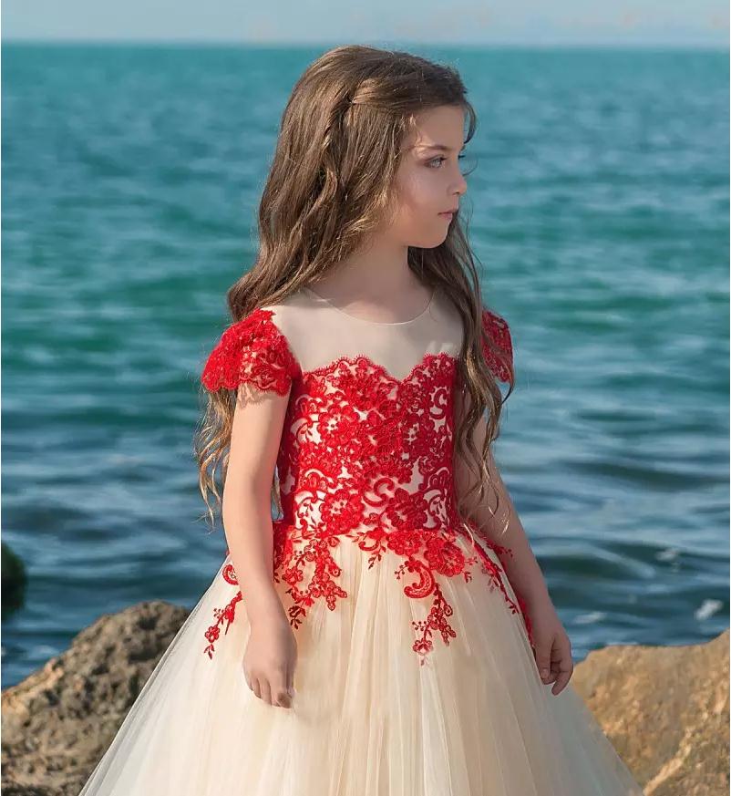Red Lace Flower Girl Dresses Short Sleeve Jewel Neck Applique Family party birthday Girl's Pageant Dress