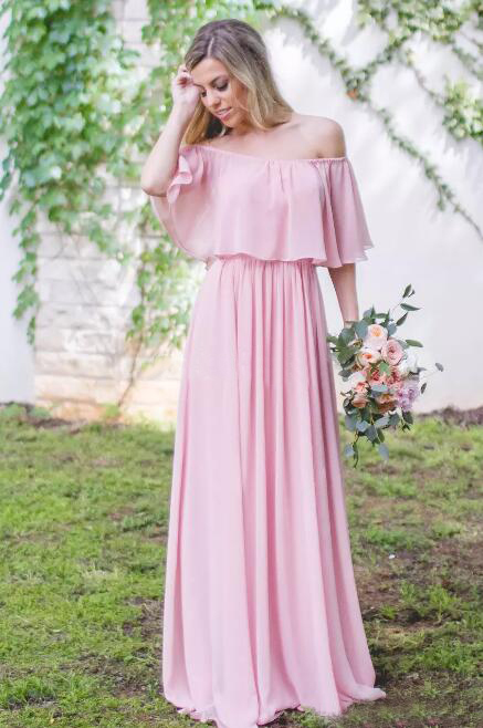 Chic 2017 Pink Chiffon Off The Shoulder Bohemian Country Bridesmaid Dresses Long Cheap Ruched Floor Length Maid Of Honor Gowns EN8086