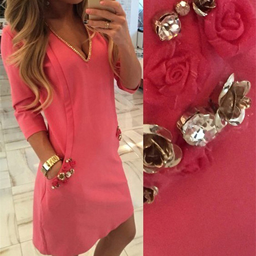 Wholesale- omen's Fashion Pure Color Package Hips Dress Sexy Deep V-neck Party Dresses 09WG