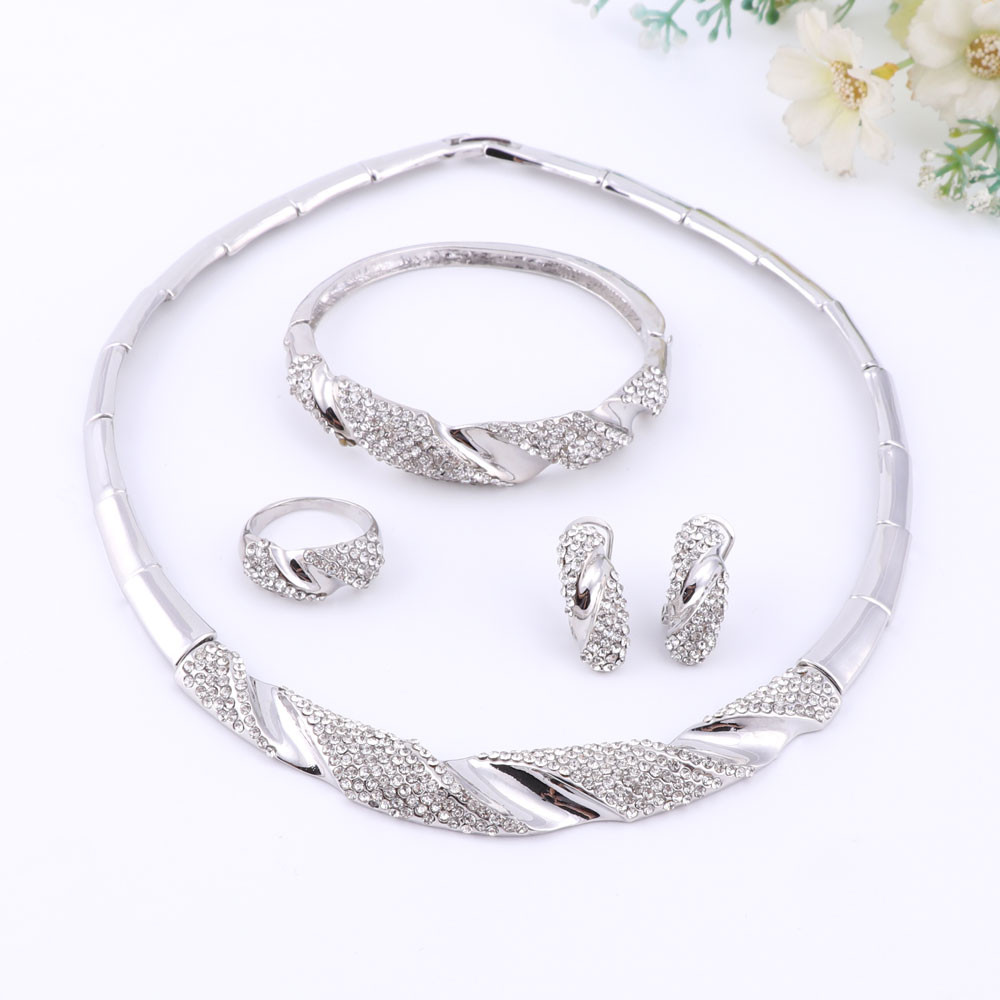 2 Colors Gold Silver Plated Women Statement Necklace Bracelet Ring Earrings For Party Wedding Jewelry Sets