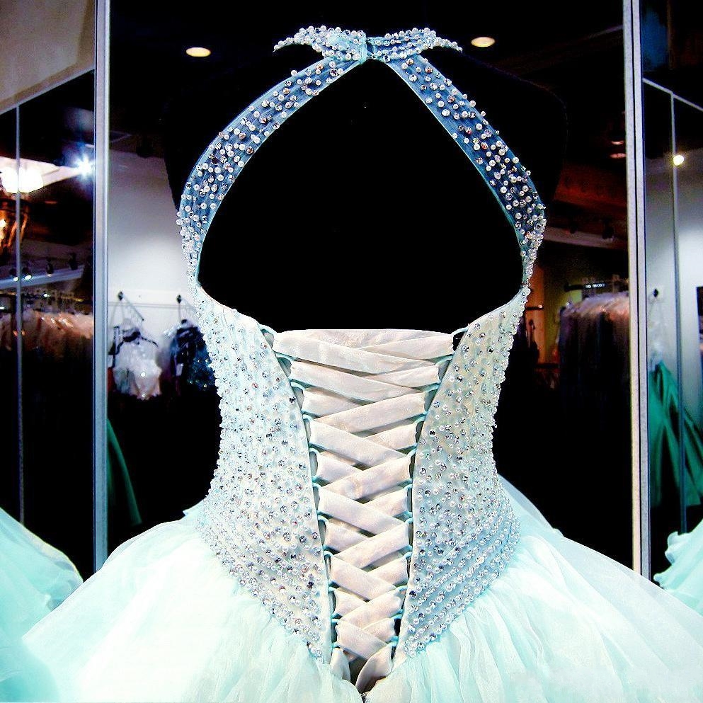 Ruffled Organza Skirt Quinceanera Dresses 2023 with Pearl Beaded Bodice Sheer High Neck Lace up Backless Light Sky Blue Prom Puffy Ball Gown