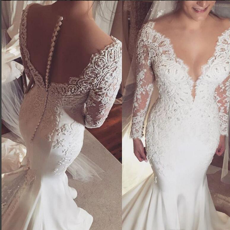 2019 Mermaid V-neck Long Sleeve Wedding Dress Luxury Dubai Applique Bridal Gown Plus Size Custom Made, Ivory
2019 Mermaid V-neck Long Sleeve Wedding Dress Luxury Dubai Applique Bridal Gown Plus Size Custom Made, Ivory