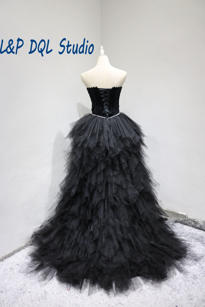 Real Pictures Prom Dress Black Feathers Ball Gown Hi Lo Evening Dresses Quinceanera Dresses High Waist with Beading Sequins