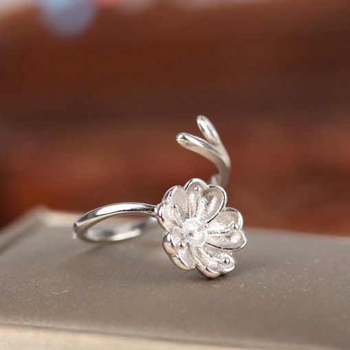 Real Sterling Silver 925 Plated White Gold Semi Mount Flower Women Ring for Pearl or Round Bead 6-8mm Fine Jewelry Setting Adjustable