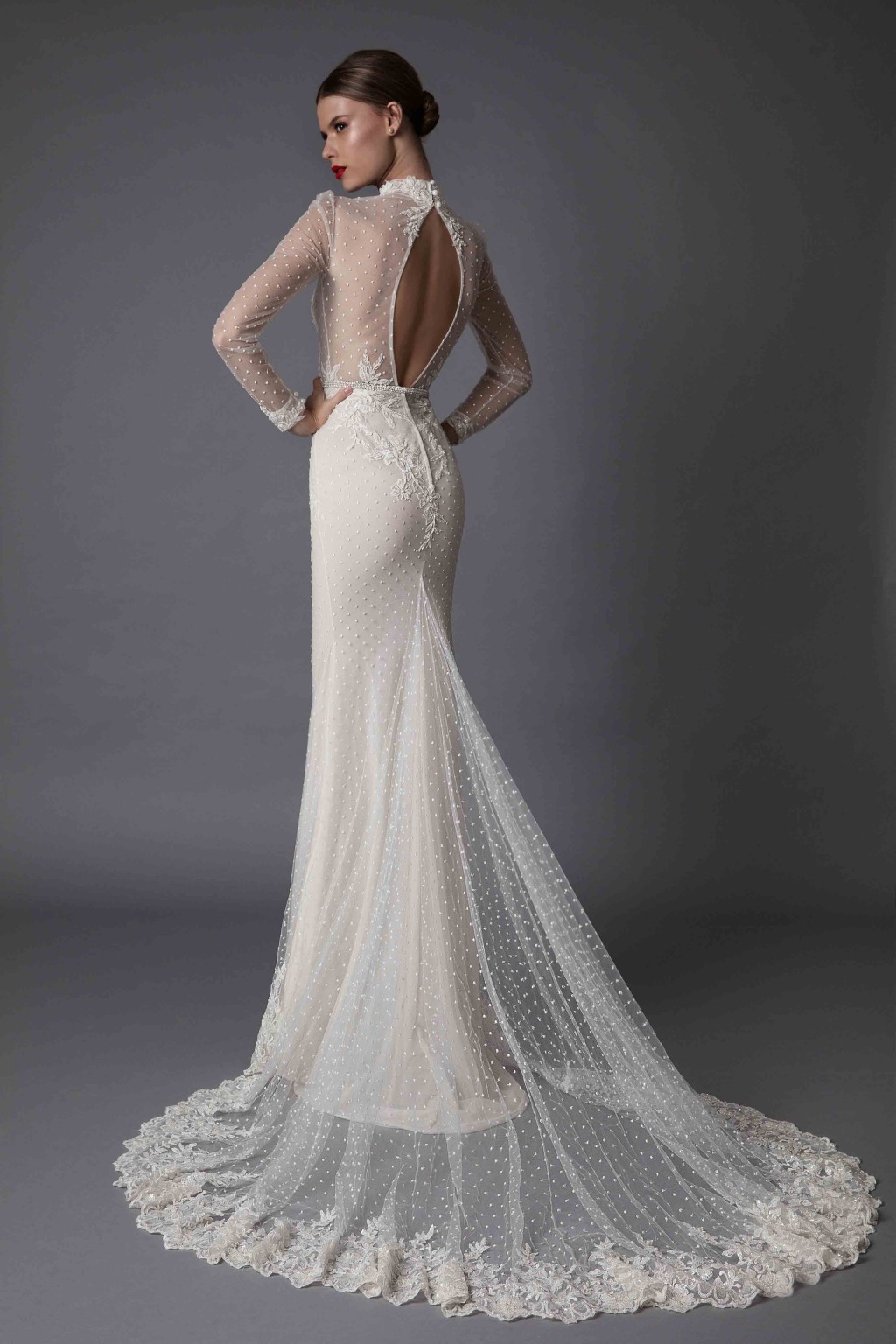 Long Berta Mermaid Sleeve Wedding Dresses Lace Applique High Neck Beads Hollow Back Sexy Illusion Fishtail Bridal Gowns