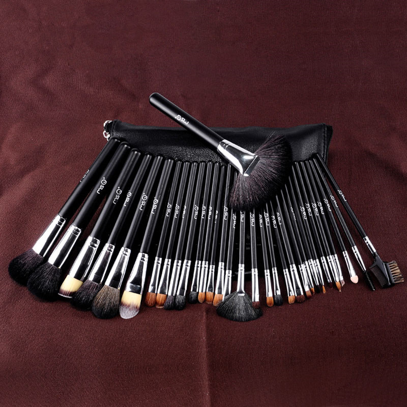 Professional Makeup Animal Hair Wool Cosmetic Brush Set 32pcs Cosmetic Brush and PU Waist Pack Makeup Brush Bag Tools