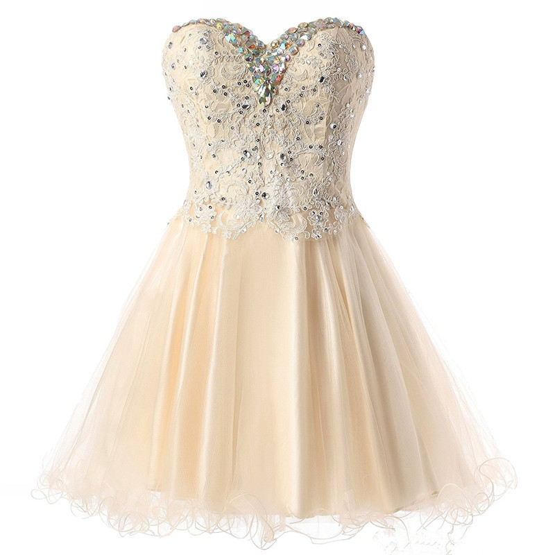 2017 Sexy Crytsal Lace A-Line Mini Homecoming Dress With Appliques Beading Sequined Tulle Lace Up Graduation Prom Party Gown BH02