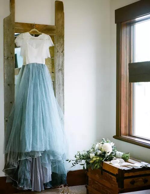 2017 Fairy Beach Boho Country Lace Wedding Dresses A Line Soft Tulle Short Sleeves Light Blue Ruched Skirts Plus Size Bohemian Bridal Gown