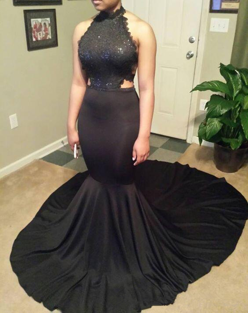 Cheap Sexy Black Mermaid Prom Dress Lace Applique Sweep Train Formal Evening Party Gown Custom Made Plus Size