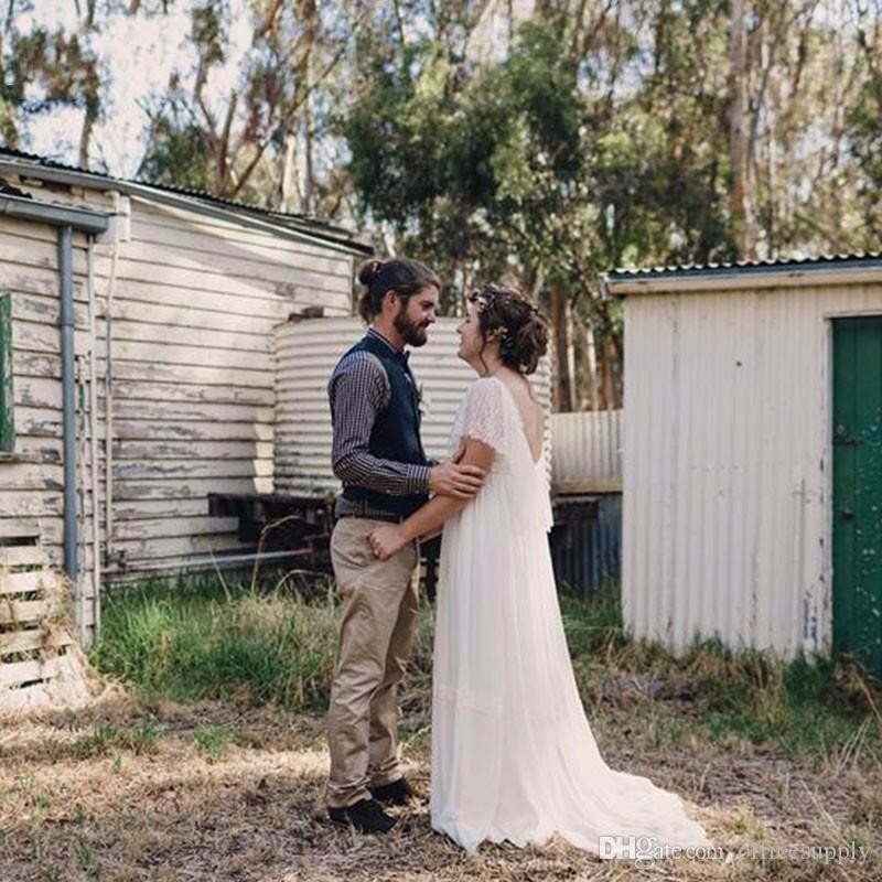 Plus Size Wedding Dresses 2020Short Sleeves Lace Country A Line Chiffon Scoop Long Backless Romantic Bohemian Wedding Gowns