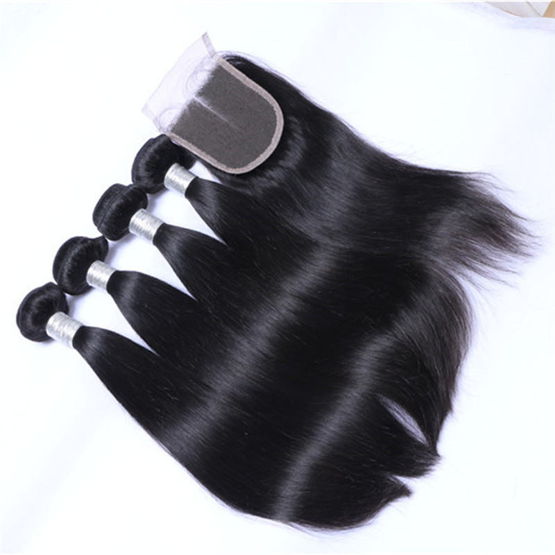 Brazilian Straight Human Hair Weaves Extensions 3 Bundles with Closure Free Middle 3 Part Double Weft Dyeable Bleachable 100g/pc