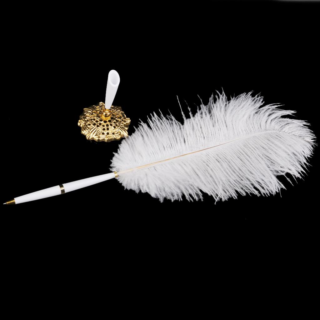 Party Favor Ostrich Feather Quill Signing Pen with Metal Holder Wedding Pen Set White