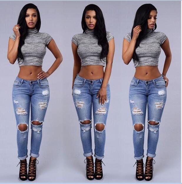 Wholesale- Boyfriend Hole Ripped Women Cool Denim Vintage Straight For Girl High Waist Casual Pants Female Slim Jeans Free shipping