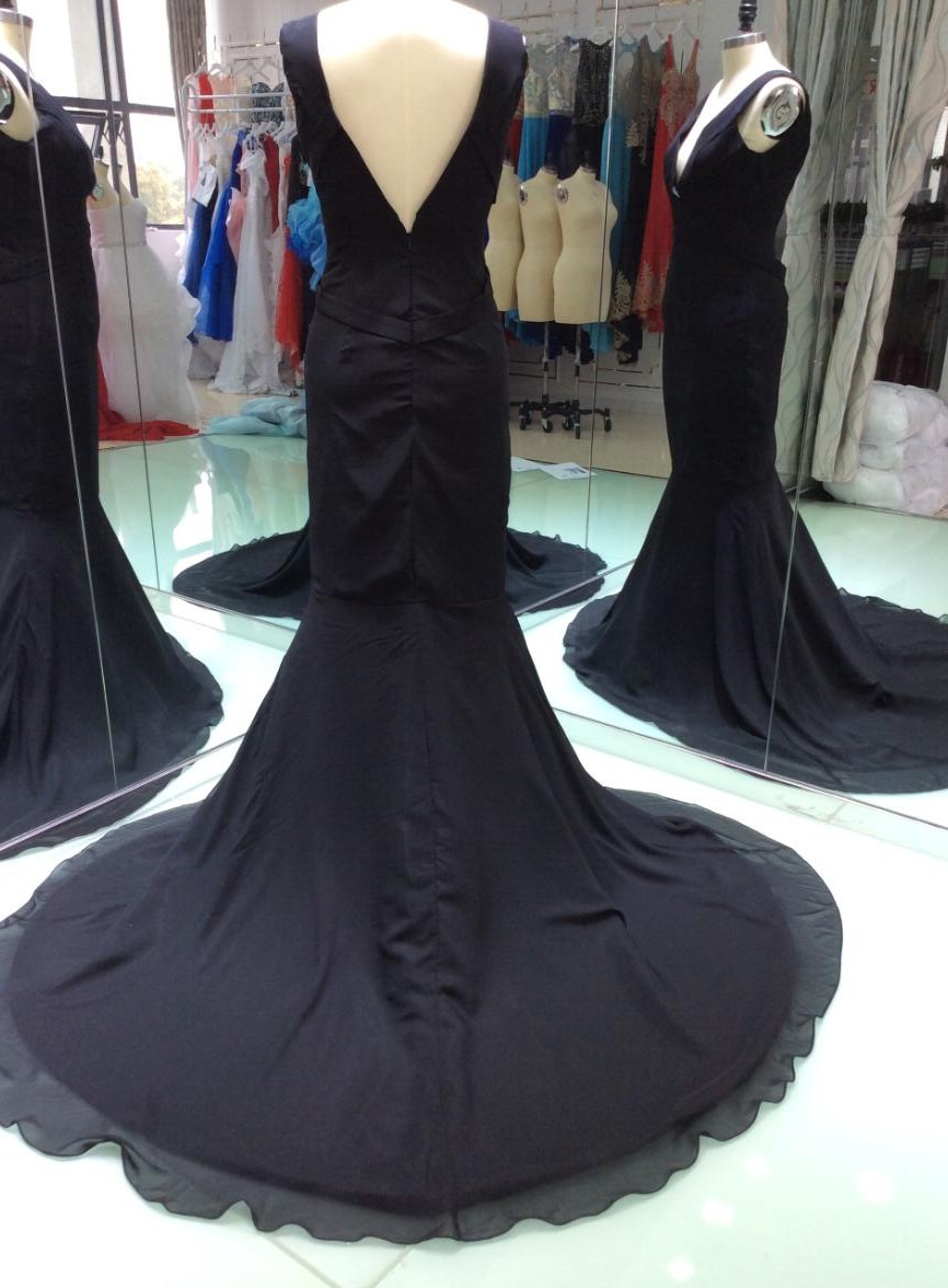 Free Shipping Sexy Black V Neck Evening Dress Long Chiffon Formal Party Gown Cheap US Size 8 10 12
