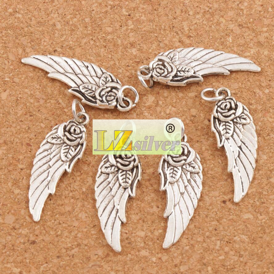 Angel Wing w Rose Spacer Charm Beads 100pcslot 303x107mm Antique Silver Pendants Handmade Jewelry DIY T1625