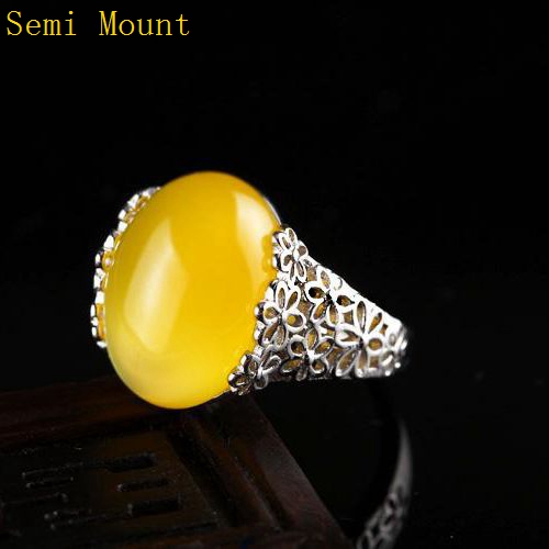 Fine Silver Flower 12x15mm Oval Cabochon 925 Sterling Silver Women Semi Mount Ring Setting