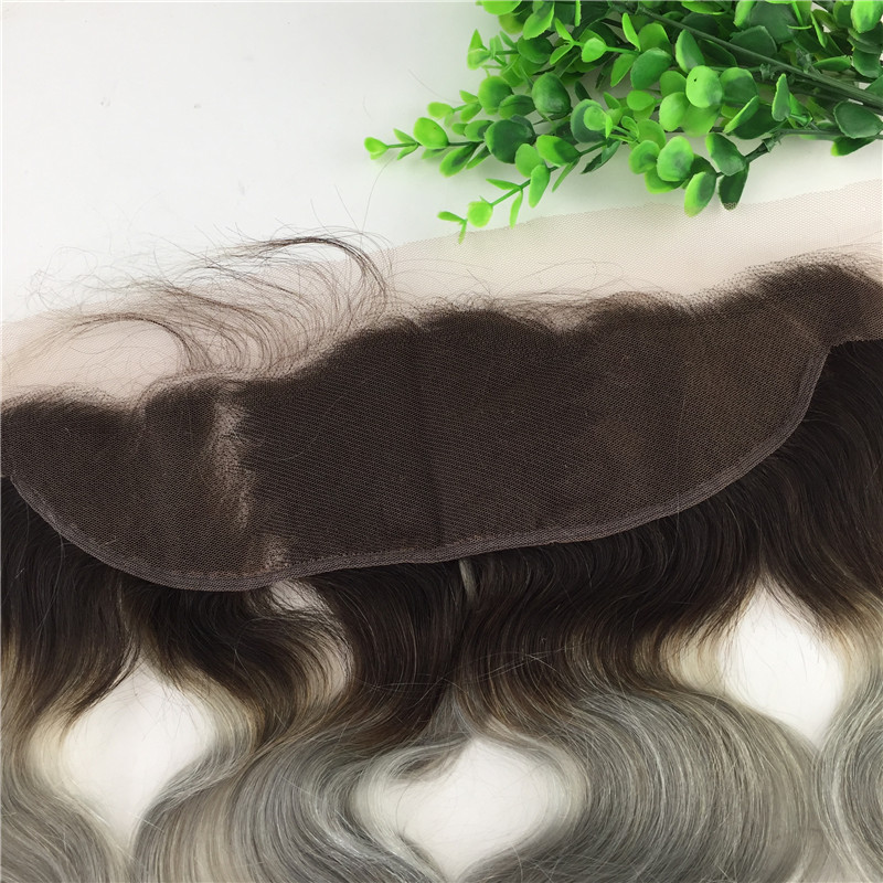 13x4 Brazilian Lace Frontal Closure Ombre 1b Grey Human Virgin Hair Straight Body Wave Bleached Knots Free Part
