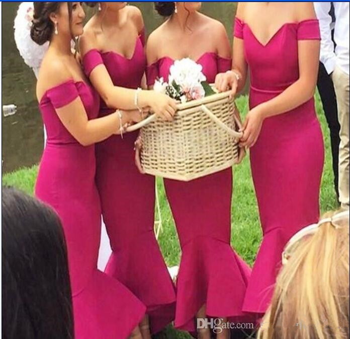 Elegant Fuchsia Off Shoulder Bridesmaid Dresses Modest Mermaid High Low Layered Wedding Guest Dresses For Western Garden Weddings