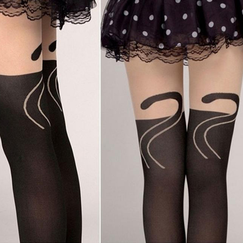 Wholesale- JECKSION Cat Printing Summer Style Women Velvet Sexy Stocking Thigh High Women's Stockings Long High Ladies Stockings Leggings