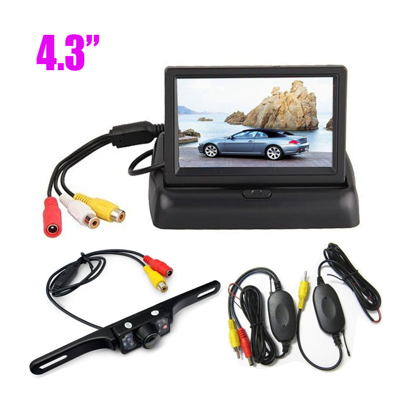 Wireless 7 LED IR Car Reversing Backup Camera + 4.3" LCD Foldable Monitor Rear View Kit