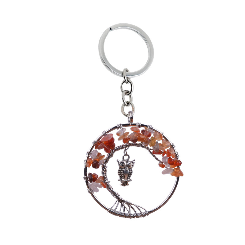 12pc/set New Life of Tree Crystal Keychain Owl Chakra Stone Black Onyx llavero Rainbow Natural Stone Wisdom Tree key chain for fahion