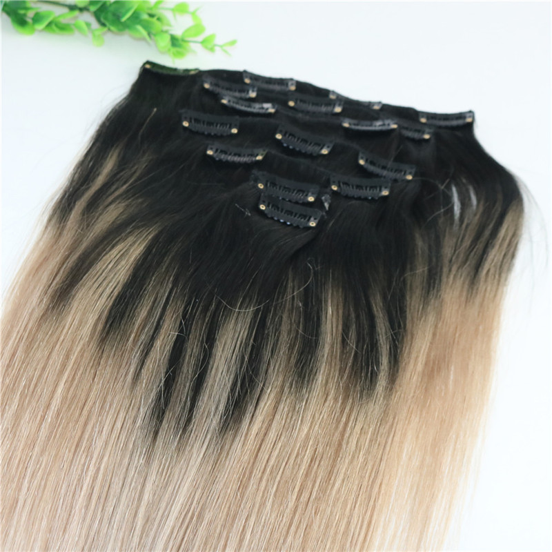 8A 7pcs 120gram Clip In Human Hair Extensions Ombre Dark Natural Root To Ash Blonde Balayage Highlights Hairstyle