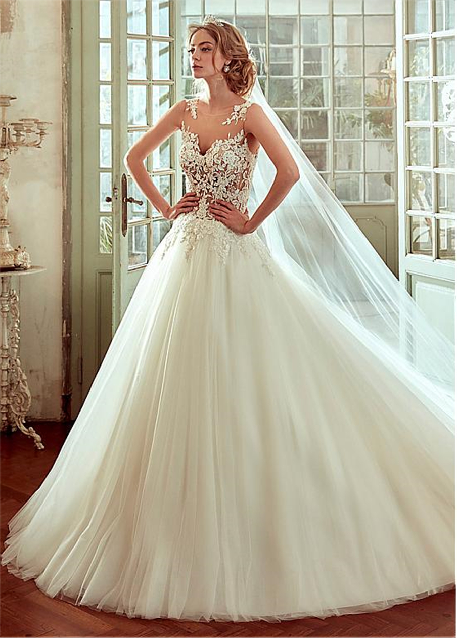Glamorous Tulle & Satin Bateau Necke See-through A-e Wedding Dresses With Beaded Lace Appliques Bridal Gowns vestido de noiva