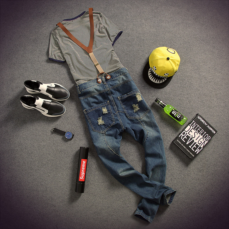 Wholesale-Mens Distressed Jeans Ripped Jumpsuit Denim Overalls Men Baggy Cargo Pants with Suspenders Denim Bib Overalls For Men K121