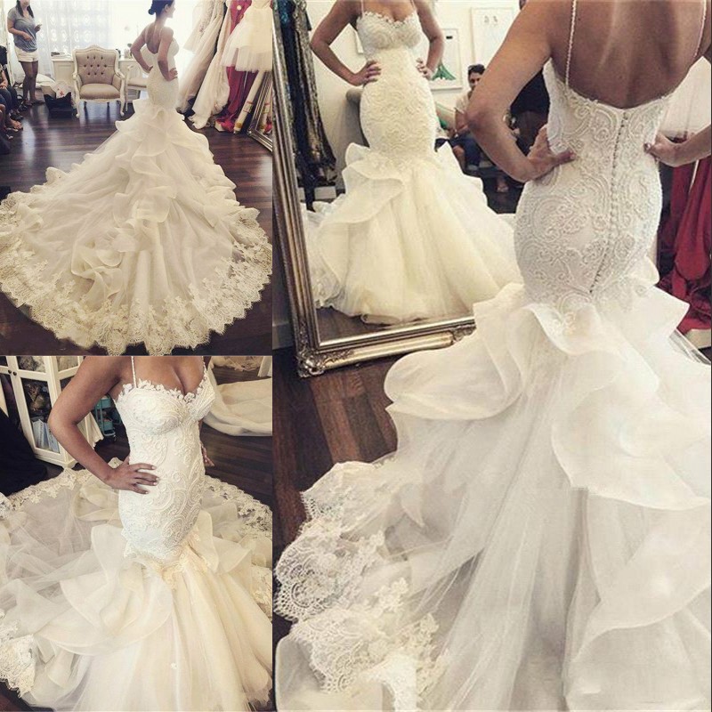 2017 Sexy Stylish Mermaid Wedding Dress Spaghetti Straps Lace-Applique Backless Covered Button Charming Ruffles Chapel Train Wedding Gowns