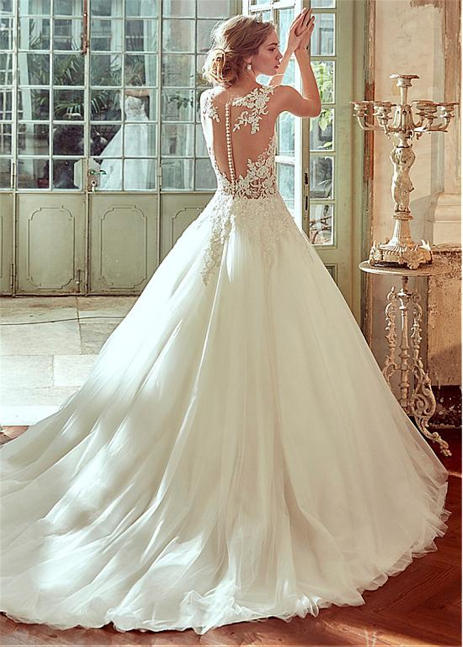 Glamorous Tulle & Satin Bateau Necke See-through A-e Wedding Dresses With Beaded Lace Appliques Bridal Gowns vestido de noiva