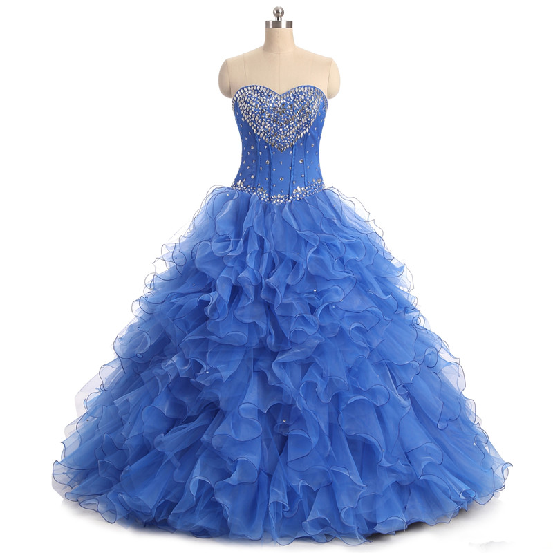 2017 Fashion Blue Crystal Ball Gown Quinceanera Dresses with Beading Sequin Organza Lace Up Sweet 16 Dresses Vestido Debutante Gowns BQ12