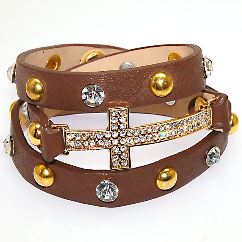 Pink Leather Strands With Micro Pave CZ Disco Crystal Cross Charm Bracelets Jewelry