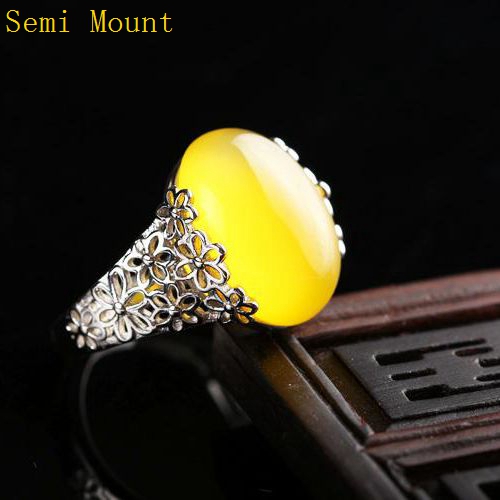 Fine Silver Flower 12x15mm Oval Cabochon 925 Sterling Silver Women Semi Mount Ring Setting