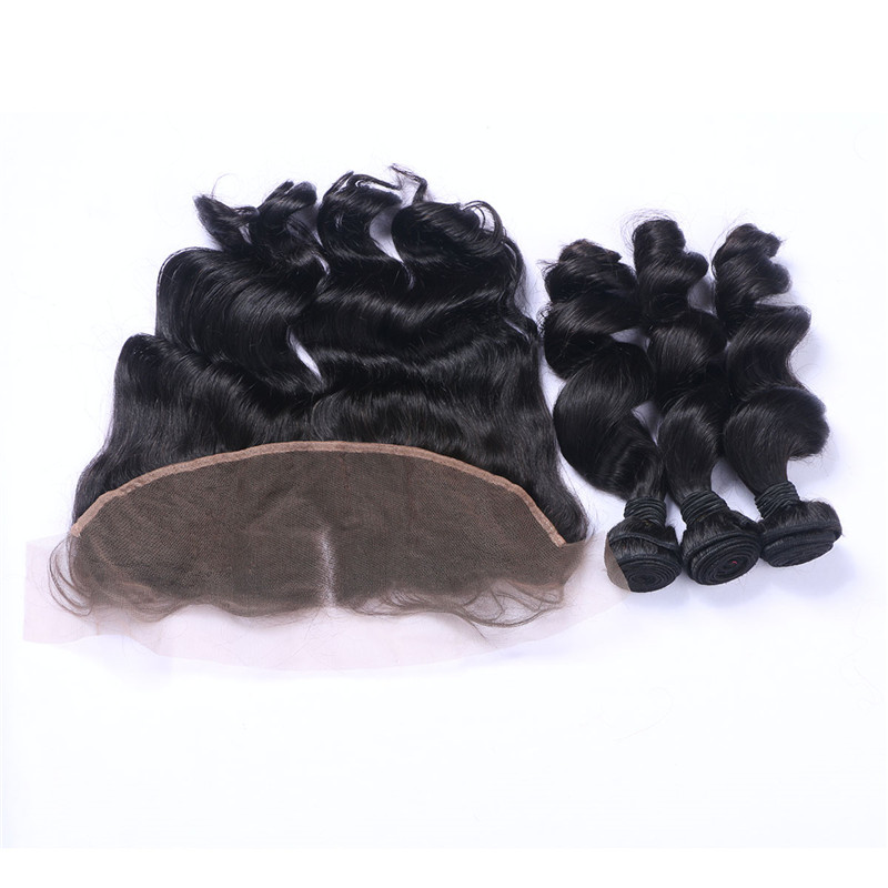 Loose Wave Brazilian Virgin Hair Lace Frontal With 3 Human Hair Bundles 13X4 Ear To Ear Lace Frontal Human Hair Weaves Closure