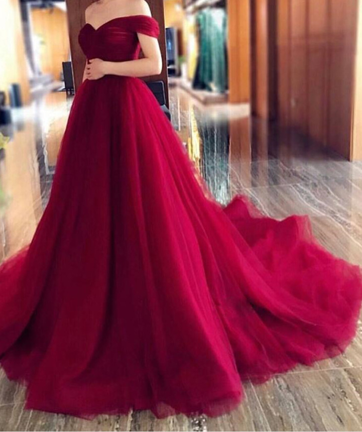 Sexy Dark Red Prom Gowns off Shoulder Lace-up Back Court Train Long Evening Dresses Strapless Lace