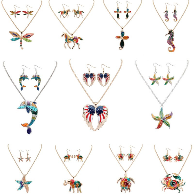 Fashion 2pcs/set Jewelry Sets Earrings & Necklace Bohemian Alloy Enamel Elephant Wing Dolphin Sea Horse Starfish Animal For Women Party
Fashion 2pcs/set Jewelry Sets Earrings & Necklace Bohemian Alloy Enamel Elephant Wing Dolphin Sea Horse Starfish Animal For Women Party