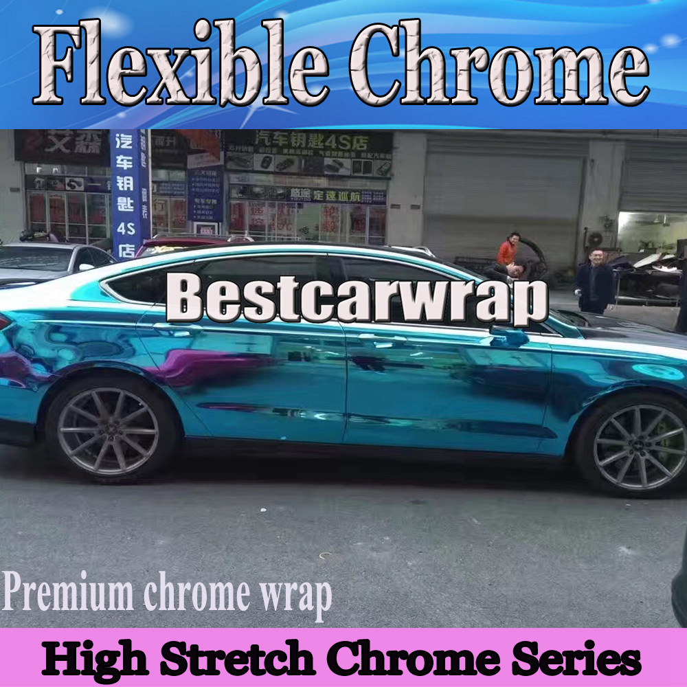 Light Blue stretchable Chrome Vinyl Wrap With Air bubble Free flexible Mirror Chrome For Car styling size:1.52x20m/Roll 5x66ft
