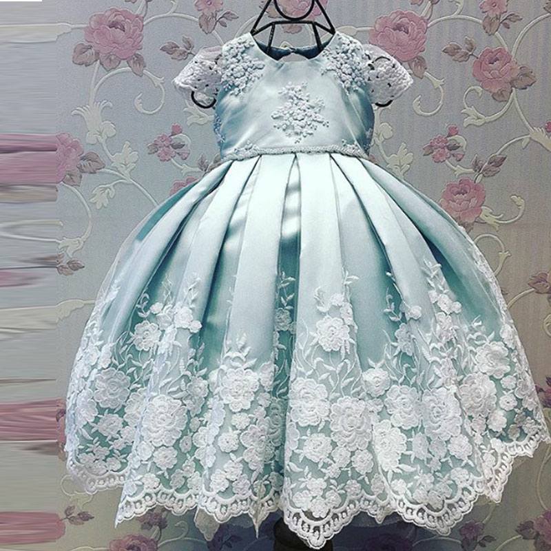 Baby Blue Christening Dresses Cap Sleeves Lovely Ball Gown Birthdays Party Dress with Appliques Baby Infant Toddler Baptism
