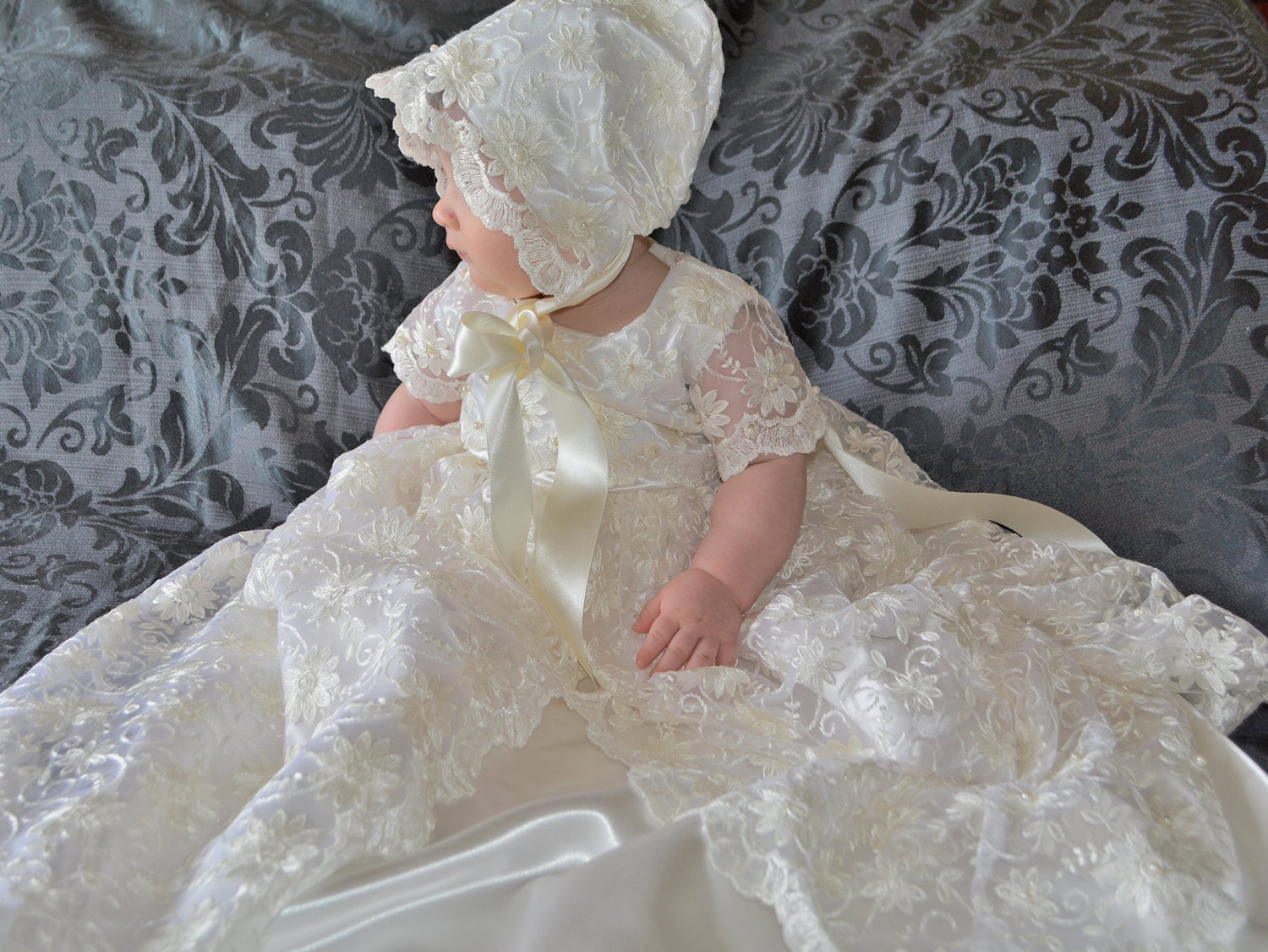 New Lace Christening Dresses For Baby Girl With Half Sleeves Baptism Gown Cheap Kid First Communication Dress